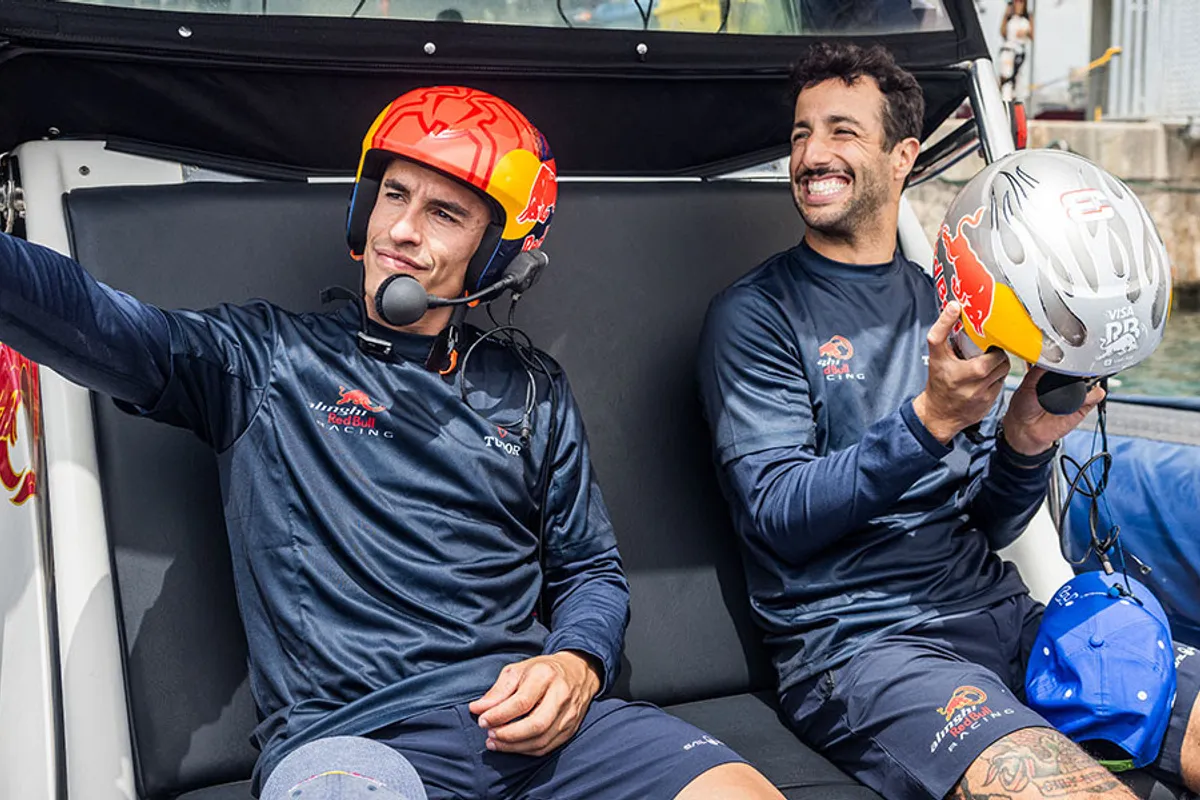 Daniel Ricciardo & Marc Márquez race  Alinghi Red Bull AC40s ahead of Spanish F1