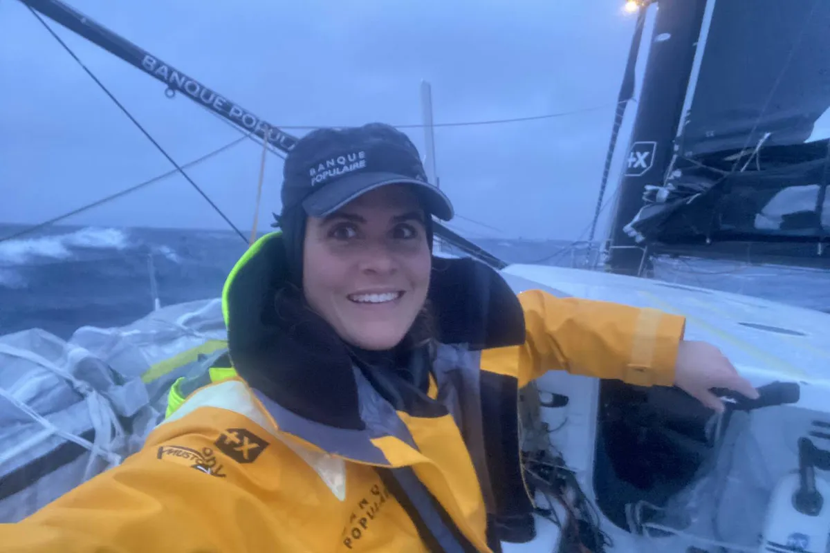 Leader Bestaven on Atlantic climb, Herrmann Repairs Mainsail