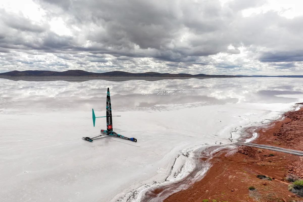 Emirates Team New Zealand’s land yacht ‘Horonuku’ tastes salt